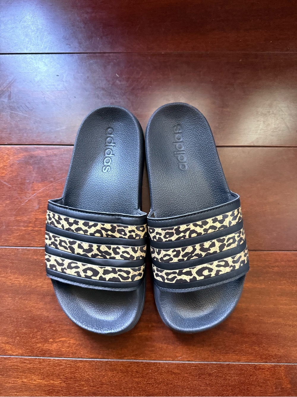 adidas Slide Sandals with Leopard Striped Strap - Black/Tan